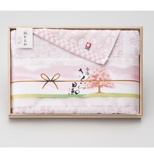[ウォッシュタオルギフト] 触れる和 さくら日和（宴） 木箱入り今治タオルセット