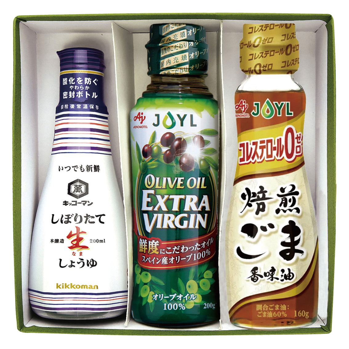味の素エクストラバージンオリーブオイルと焙煎ごま香味油&キッコーマンしぼりたて生しょうゆセット