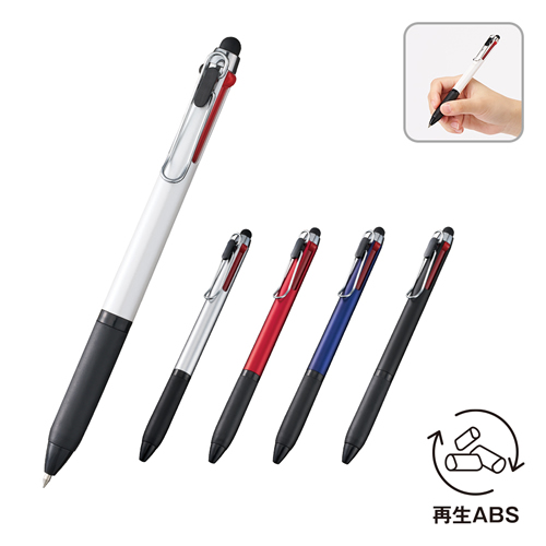 タッチペン付メタルクリップ3色ボールペン（再生ABS）