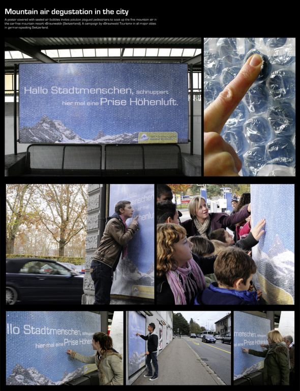 Braunwald(スイス)の観光PR看板。プチプチで制作されていて「新鮮な空気」を演出しているようです。