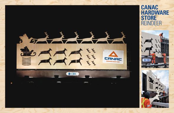 ホームセンター(金物店)の屋外広告。加工用工具で木材を切り出す様子が、よく伝わりますね。