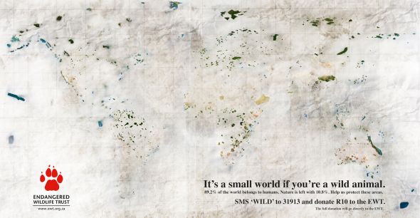 絶滅に瀕する野生動物の保護を訴える公共ポスター。色の塗られているエリアが保護区域だそうです。≪南アフリカ≫