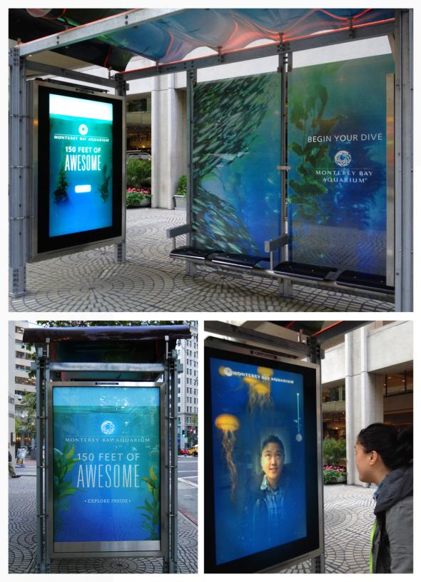 モントレーベイ水族館の屋外広告。カメラで映し出された自分を、タッチスクリーンの操作で150フィートまで潜る疑似体験ができるようです。その様子をFacebookやTwitterにアップロードすることできるみたいですね。≪米国≫