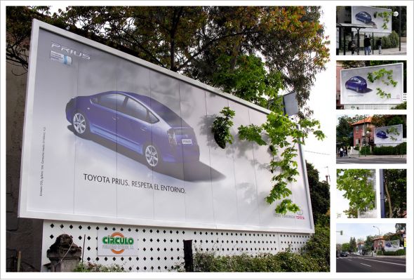 プリウスの屋外看板。トヨタプリウスは環境を保護します。との事で看板からは自然の木が生えてるようです。安定した手法で王道ですね。<スペイン>