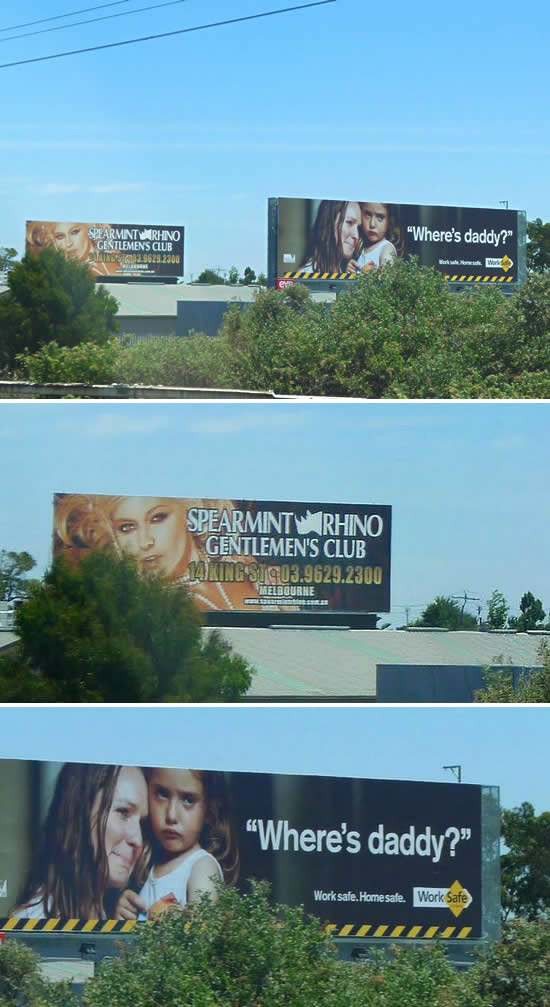 セクシーバーの「スペアミント・ライノ」と労働者安全機関の「パパはどこ?」。偶然とはいえ、微妙な気持ちになります。