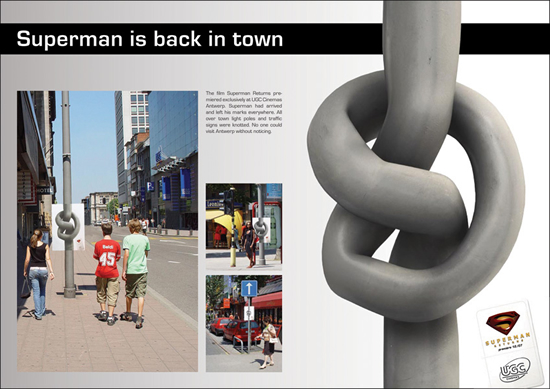 映画(Superman The Return)の屋外広告。新作公開に向けたゲリラマーケティング、アントワープ市の至る所で展開されたようです。<ベルギー>