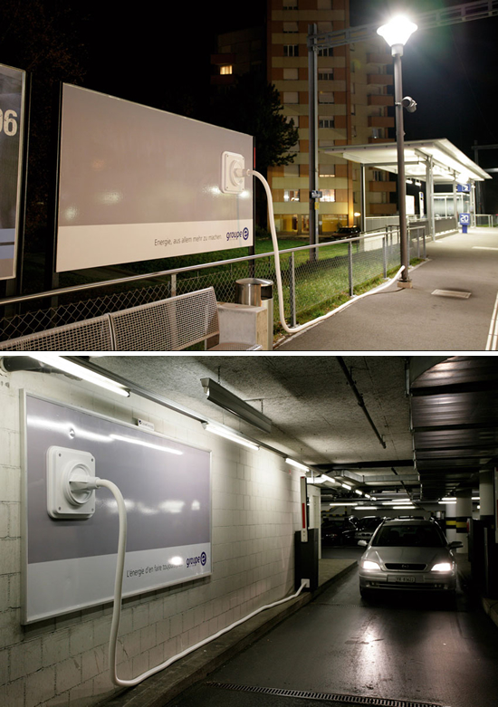 エネルギー供給会社(Group E)の屋外広告。グループE社(フライブルク州が主要株主)が手掛ける、再生可能エネルギー事業の啓発をしているようです。<スイス>