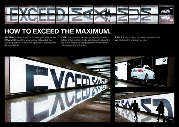 BMW M3の屋外広告。ドイツのミュンヘン駅構内で展開されたキャンペーン。床との反射で、メッセージを構成していっます＜ドイツ＞