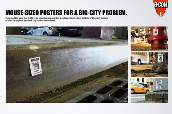 家庭用ネズミ駆除具(D-CON)の屋外広告。「D-CONでネズミが行方不明になった」という商品ブランディングだそうです。<米国>
