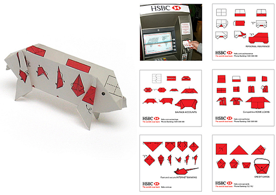 HSBC銀行のレシートを利用した広告。折り紙になっているATMのレシートは、銀行が身近な存在であることをアピールしたようです。＜オーストラリア＞