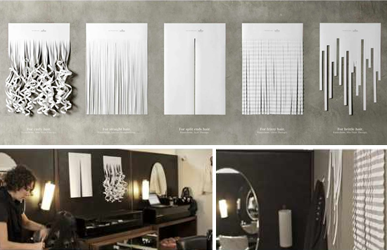 トリートメント剤(Kanechom)の店内広告。サロンで展開されたキャンペーンで、ペーパーヘアは様々な髪質に合わせたトリートメントを提案しています。<ブラジル>