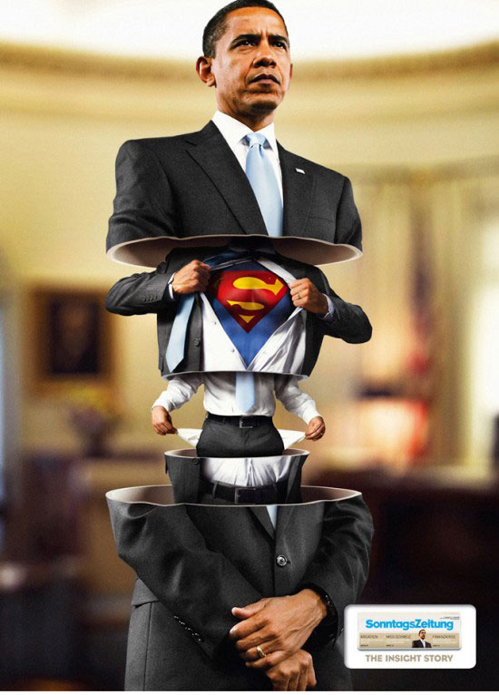 新聞(SonntagsZeitung)の販促ポスター。バラク・オバマ米国大統領の「内側にある本当の事」を伝える、というニュアンスのようです。<スイス>