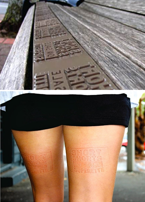 ファッションデパート(Superette)の屋外広告。店舗前のベンチに座ることでセール告知、ミニスカート女性の太ももを利用するユニークなアプローチです。<ニュージーランド>