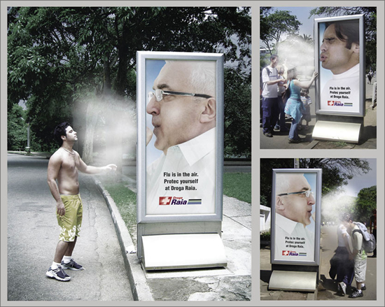 ドラッグストア(Droga Raia)の屋外広告。暑い日に嬉しいミスト装置とのコラボ、咳やインフルエンザに備えようとのメッセージです。<ブラジル>