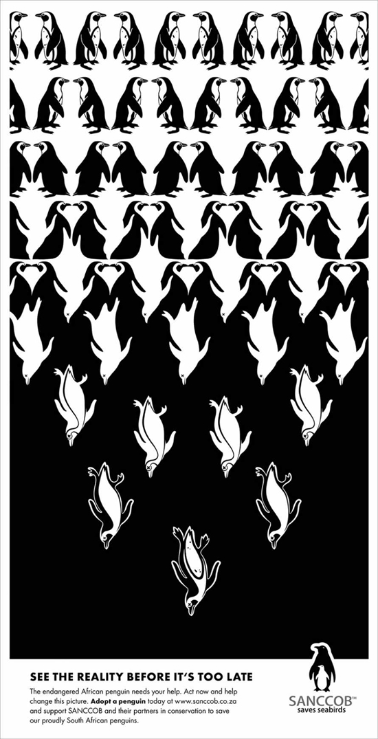 野生動物保護団体(Sanccob)の販促用ポスター。脅威にさらされるペンギンや海鳥の保護を目的とした支援を呼びかけています。<南アフリカ>