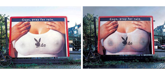 セクシー系男性誌(Playboy)の屋外広告。オンラインサービス向けのプロモーション、雨を祈ろう!とのことです。<ドイツ>