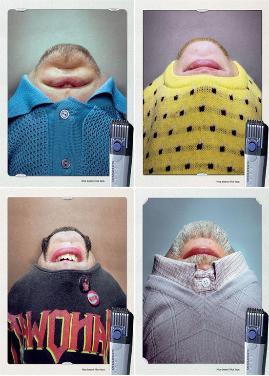 シェーバー(Grundig)の販促用ポスター。逆さまなったアゴ髭は、ヘアトリマー機能を備えるシェーバーを巧く表現しています。<ドイツ>