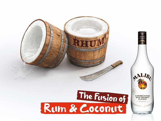 アルコール飲料(Malibu)の販促ポスター。ココナッツとラム酒だけが原材料である、という商品特性を巧みに表現しています。<フランス>