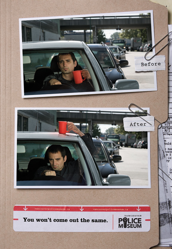 バンクーバー警察博物館の販促ポスター。マグカップ→赤色灯・・・休日であっても正義感を忘れない警官の日常を上手く表現しています。<カナダ>