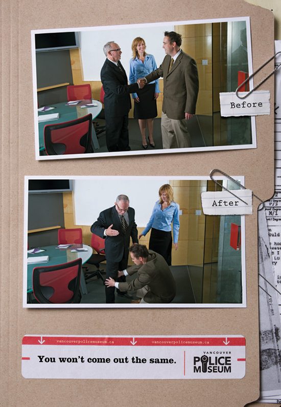 バンクーバー警察博物館の販促ポスター。握手→ボディチェック・・・いつでも危機管理を忘れない警官の行動を上手く表現しています。<カナダ>