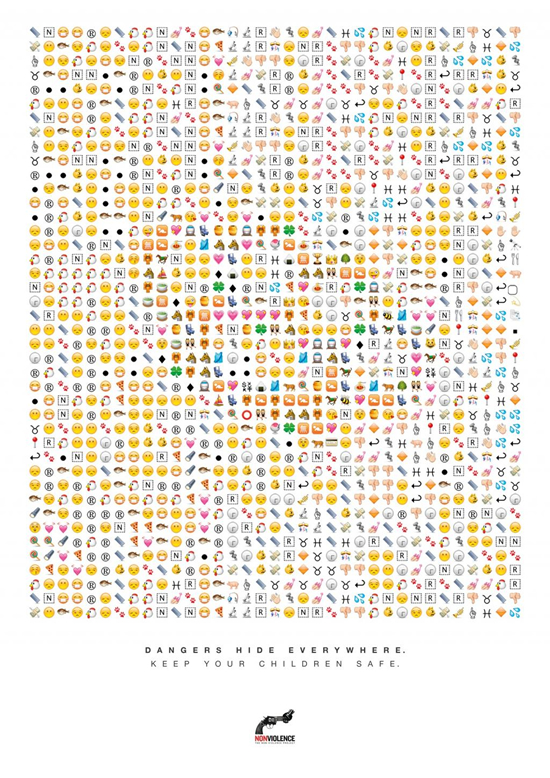 暴力追放を呼びかける(Non Violence Project)公共広告。Eメールの絵文字に隠されているのは「アイアンナックル」。潜む危険から、子供を守ろうとのメッセージです。<イタリア>